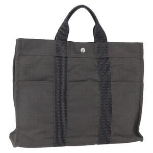 HERMES Her Line MM Hand Bag Canvas Gray Silver Auth 153727